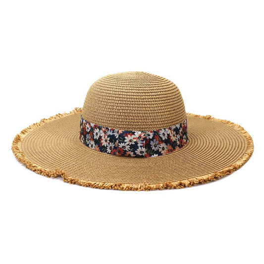Wide Brim Straw Hat | Dark Floral Band – Natural