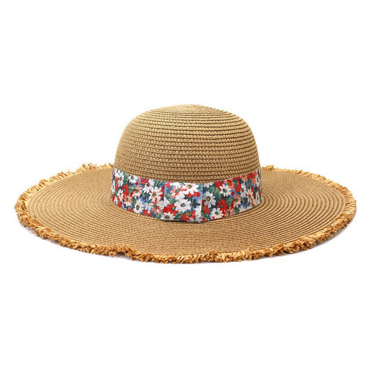 Wide Brim Straw Hat | Colourful Floral Band – Natural
