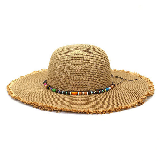 Wide Brim Straw Hat | Beaded Band – Natural