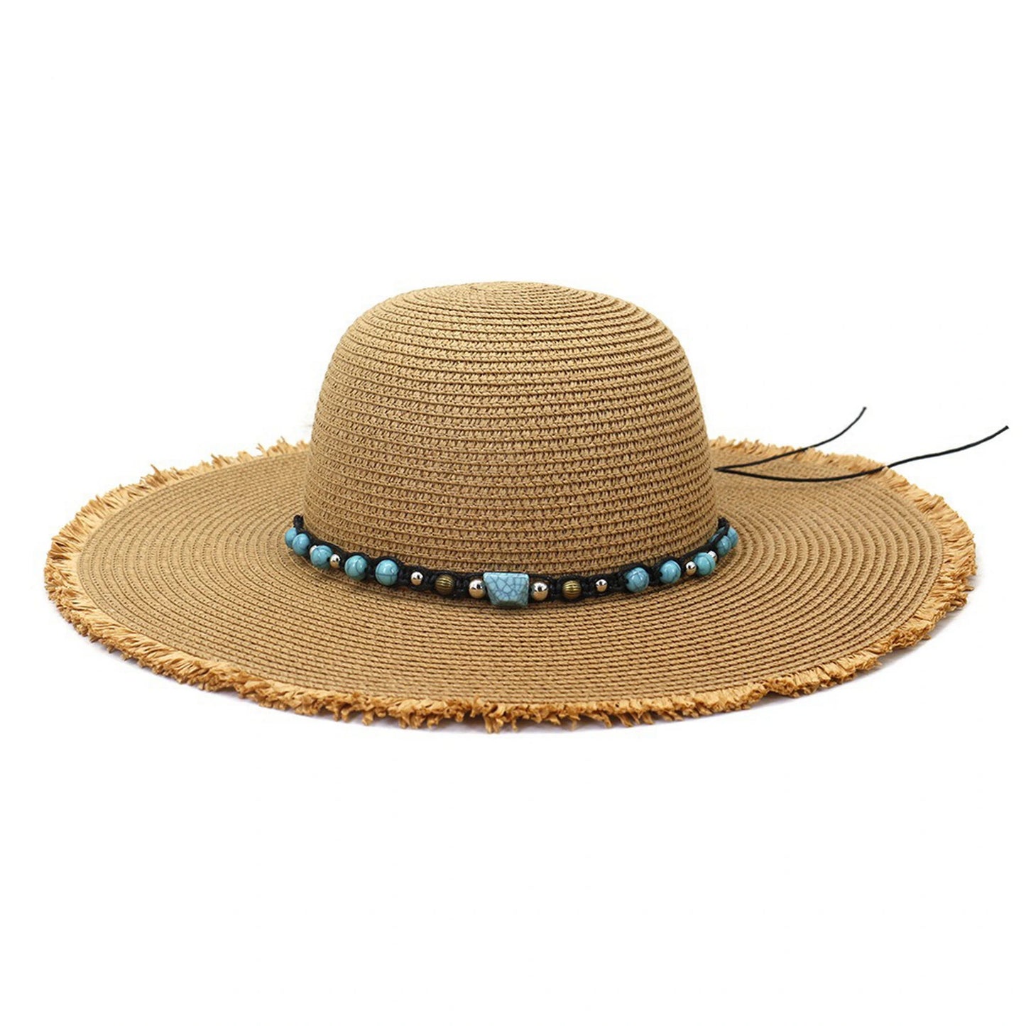 Wide Brim Straw Hat | Turquoise Bead Band – Natural