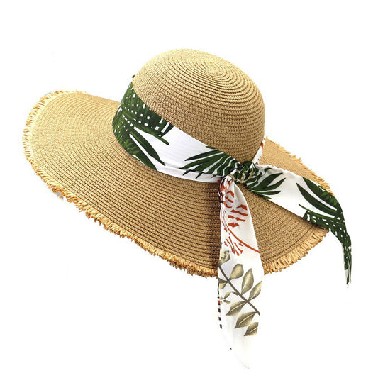 Wide Brim Straw Hat | Botanical Scarf Band – Natural