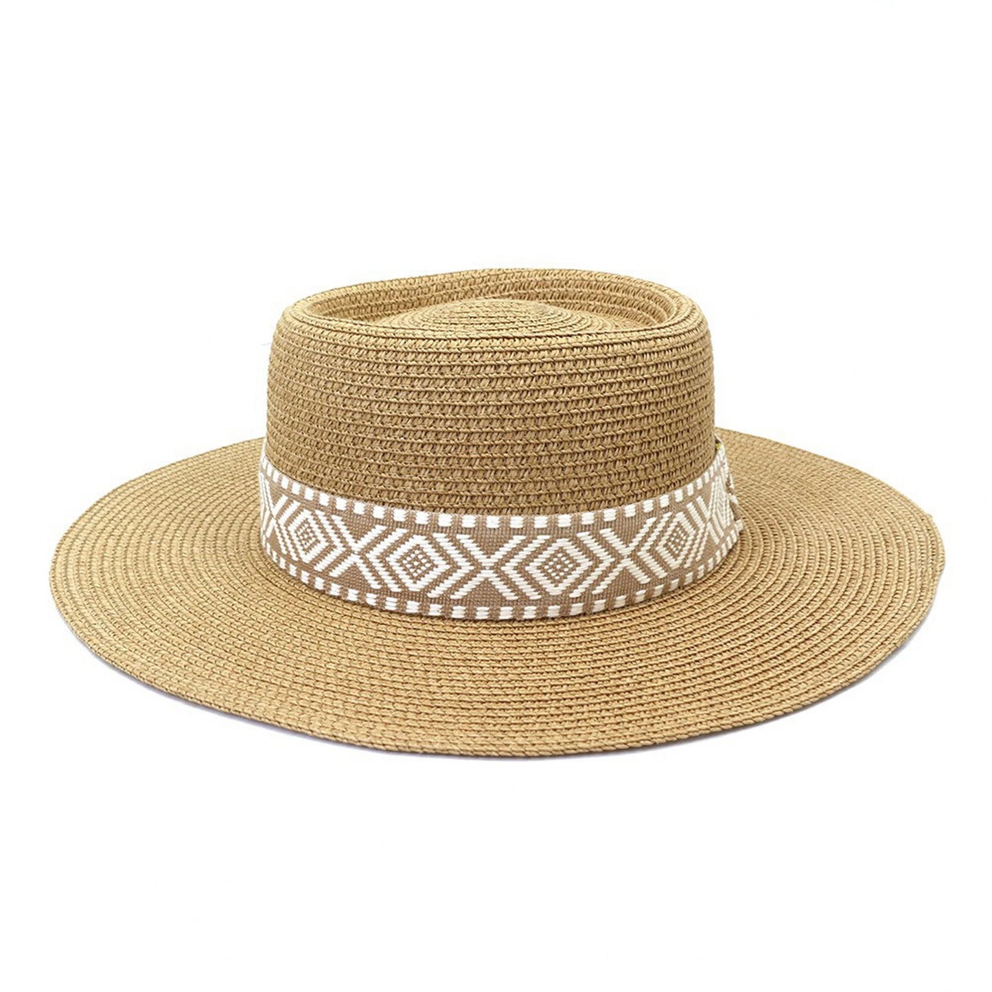 Wide Brim Straw Hat | Geometric Woven Band – Natural