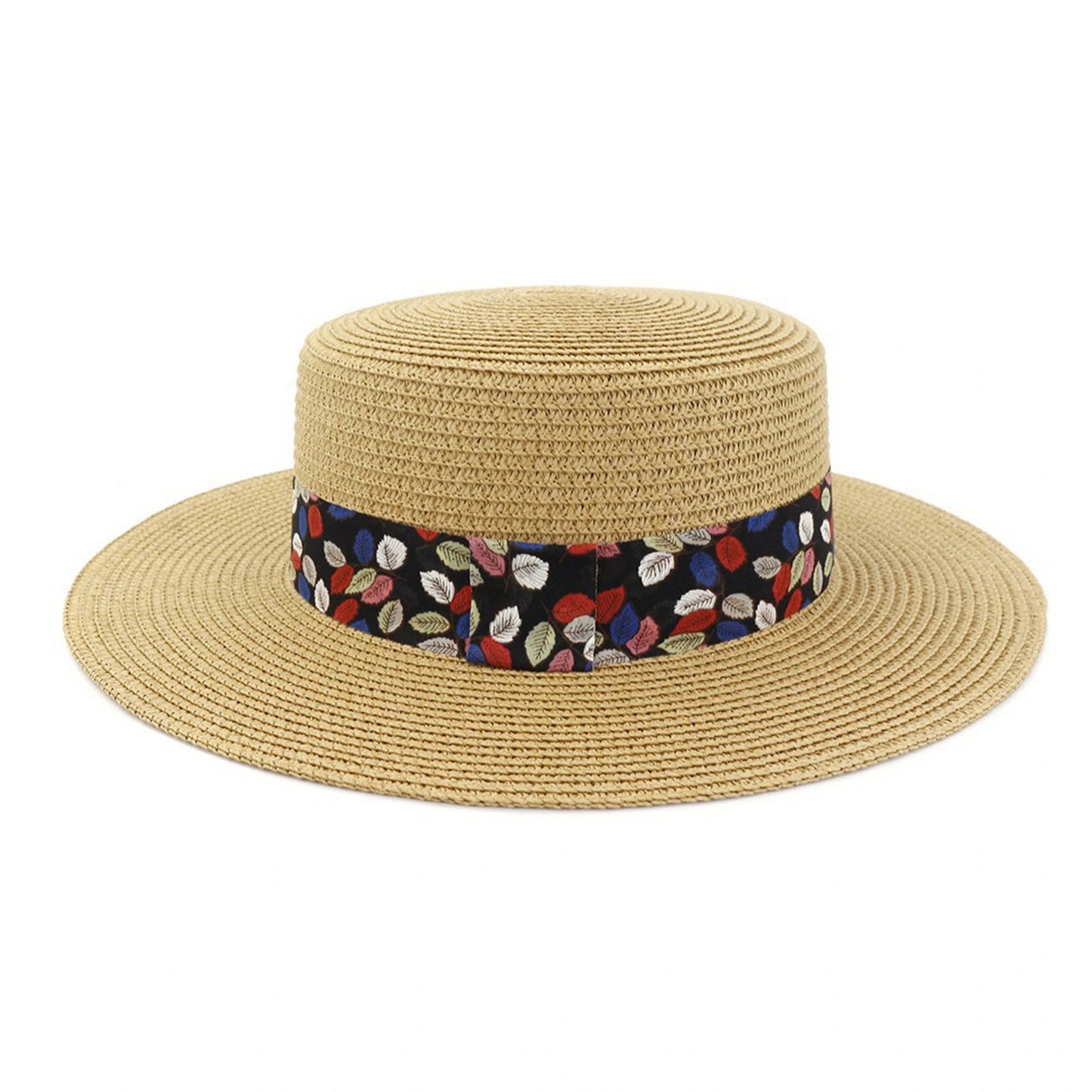 Wide Brim Straw Hat | Colourful Leaf Print Band – Natural