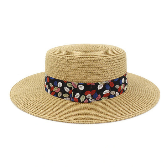 Wide Brim Straw Hat | Colourful Leaf Print Band – Natural