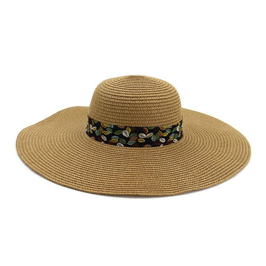 Wide Brim Straw Hat | Botanical Print Band – Natural