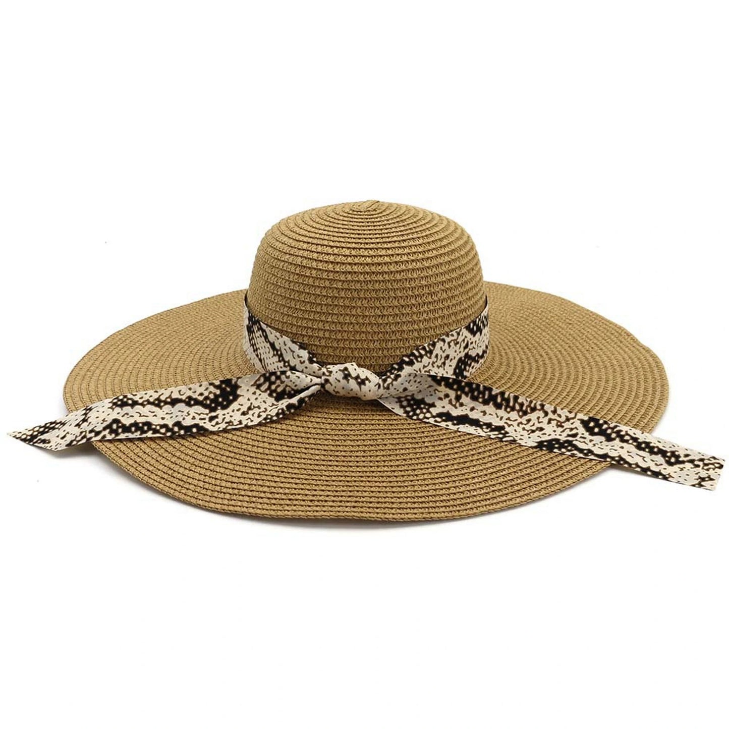Wide Brim Straw Hat | Snake Print Ribbon Tie – Natural