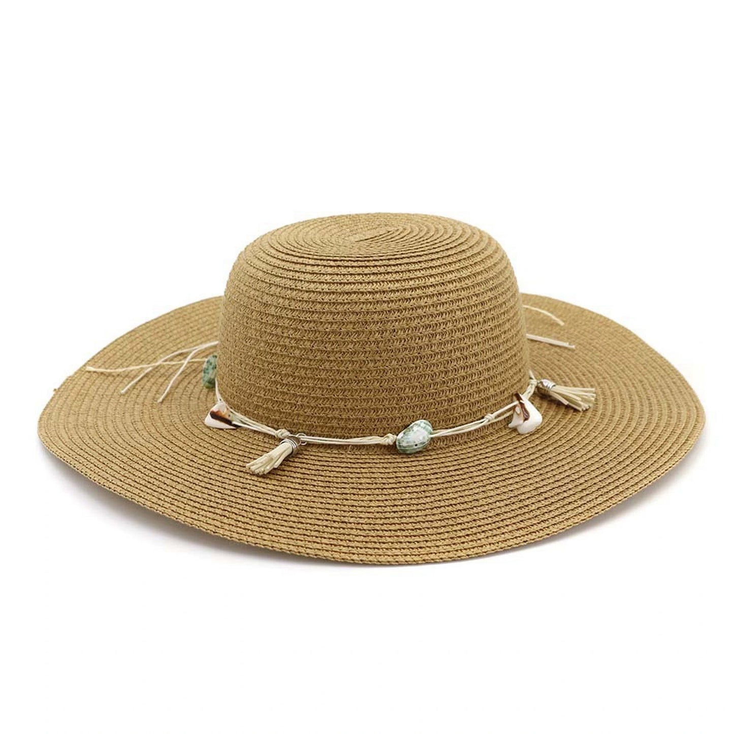 Wide Brim Straw Hat | Shell & Tassel Cord Band – Natural