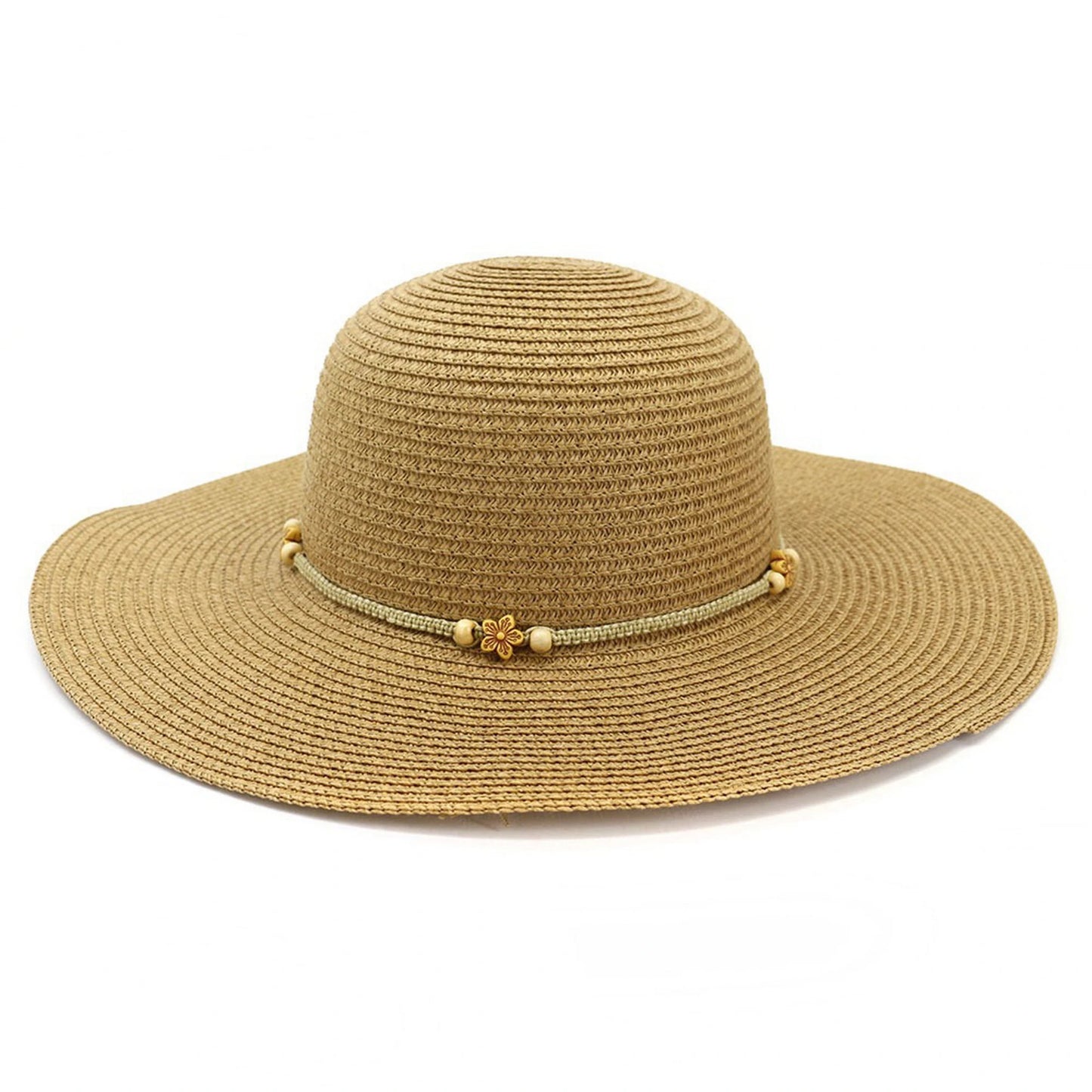 Wide Brim Straw Hat | Wooden Bead Flower Band – Natural