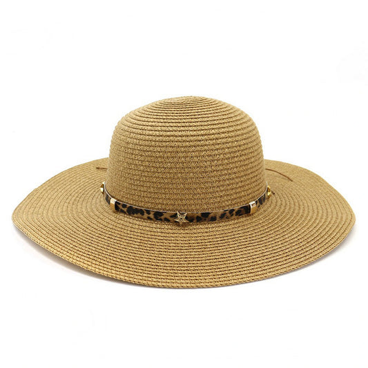 Wide Brim Straw Hat | Leopard Star Stud Band – Natural
