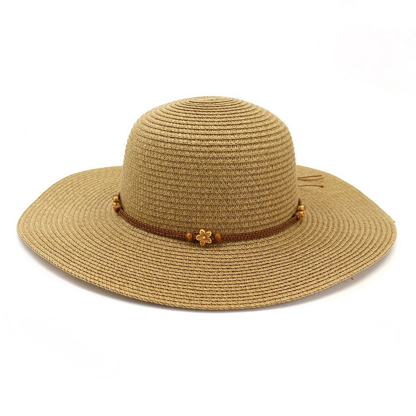 Wide Brim Straw Hat | Beaded Flower Cord Band – Natural
