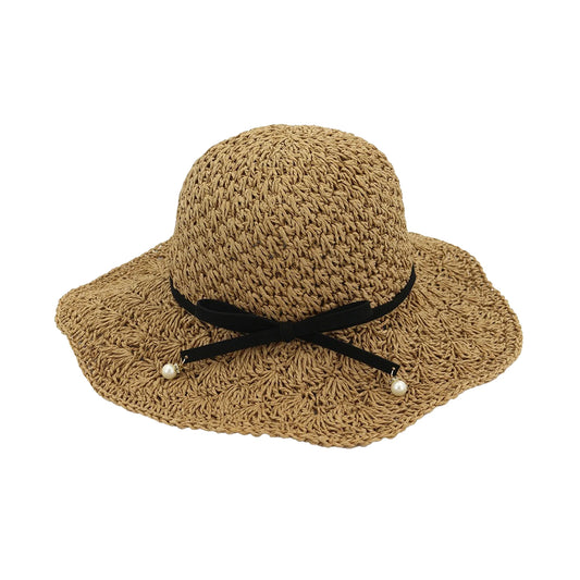 Short Brim Straw Hat | Pearl Tie Detail - Natural
