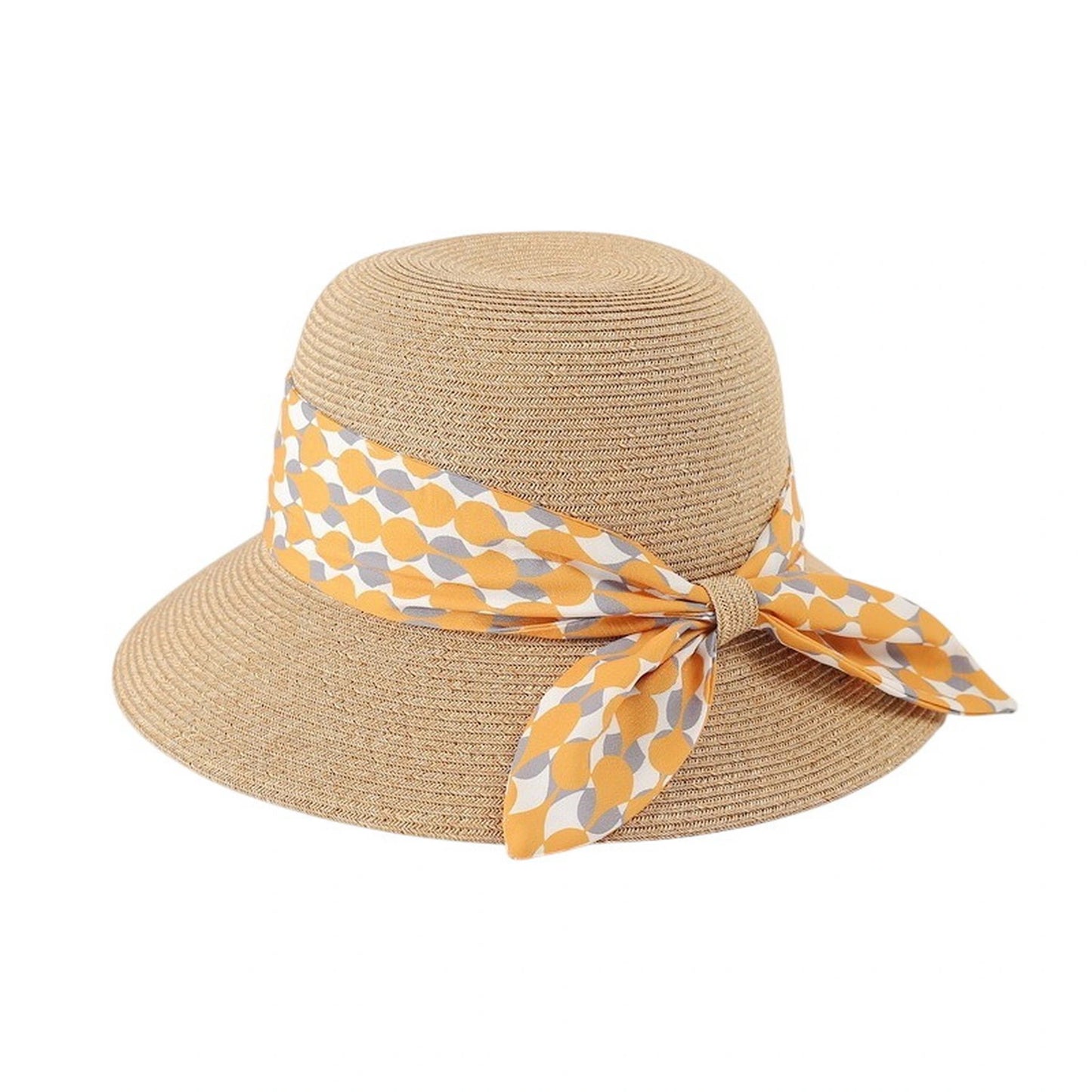 Short Brim Straw Hat | Geometric Print Scarf - Natural