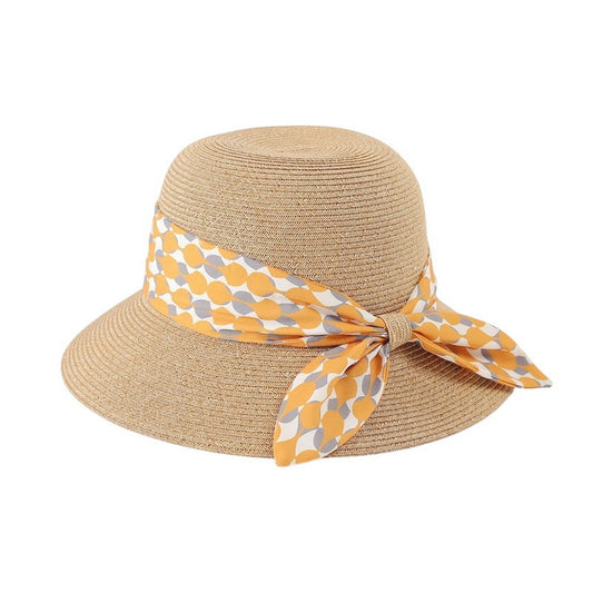 Short Brim Straw Hat | Geometric Print Scarf - Natural