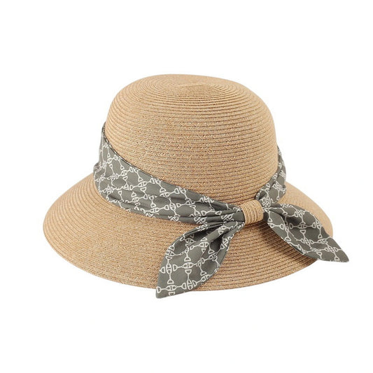 Short Brim Straw Hat | Grey Print Scarf Tie - Natural