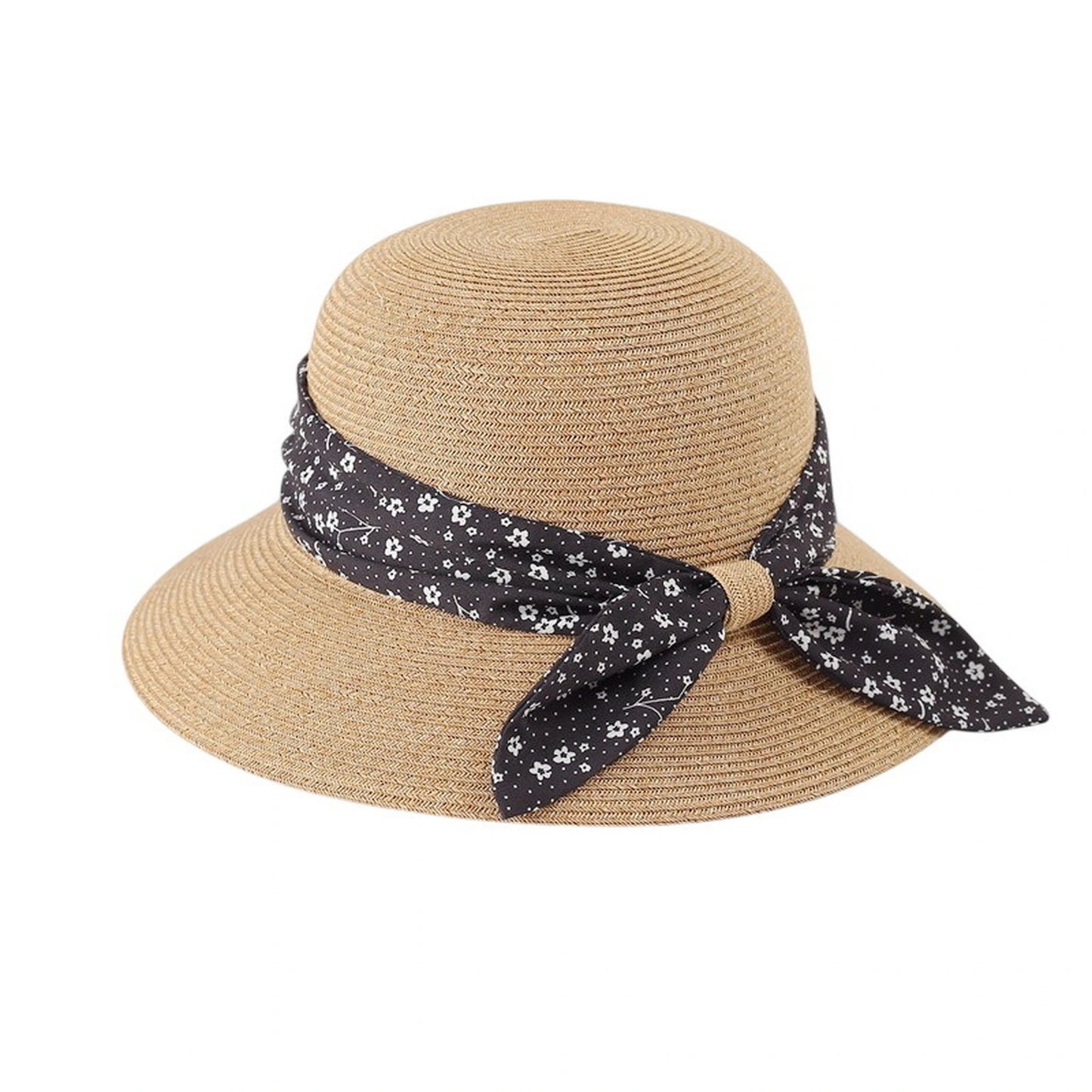 Short Brim Straw Hat | Ditsy Floral Scarf Tie - Natural