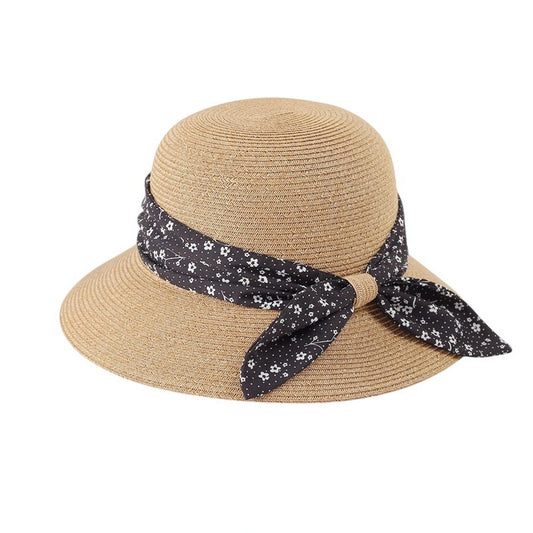 Short Brim Straw Hat | Ditsy Floral Scarf Tie - Natural