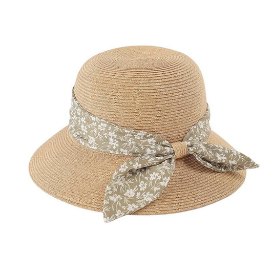 Short Brim Straw Hat | Soft Floral Scarf Tie - Natural