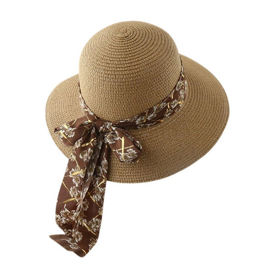 Short Brim Straw Hat | Floral Ribbon Tie – Brown