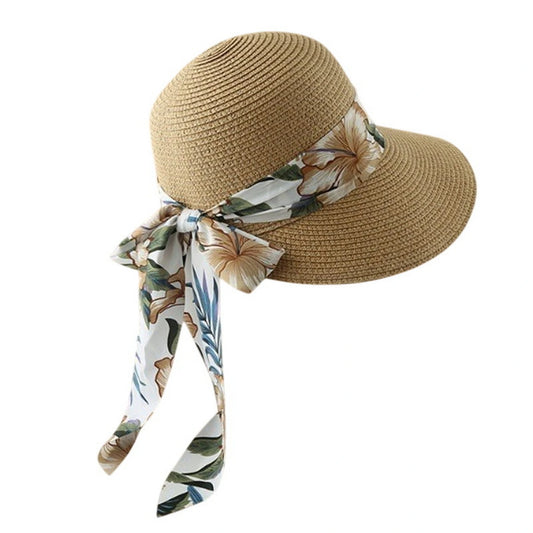 Short Brim Straw Hat | Tropical Floral Ribbon Tie - Natural