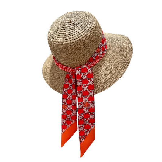 Short Brim Straw Hat | Red Printed Ribbon Tie - Natural