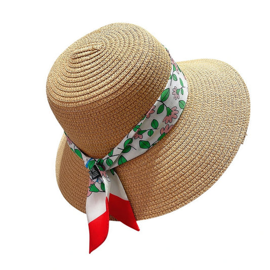 Short Brim Straw Hat | Floral Scarf Detail – Tan