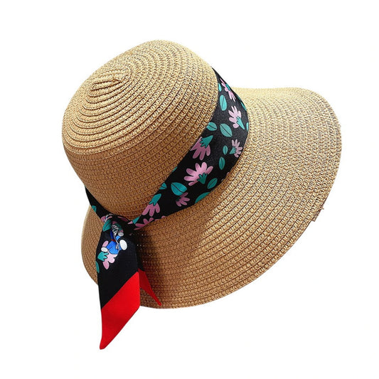 Short Brim Straw Hat | Contrast Floral Ribbon – Tan