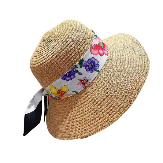 Short Brim Straw Hat | Colorful Floral Ribbon Tie - Natural