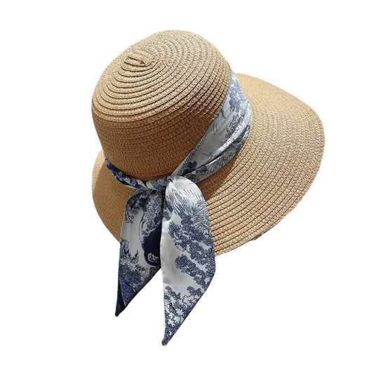 Short Brim Straw Hat | Vintage Print Ribbon Tie - Natural