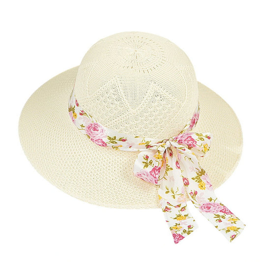 Short Brim Straw Hat | Floral Bow Ribbon - Cream