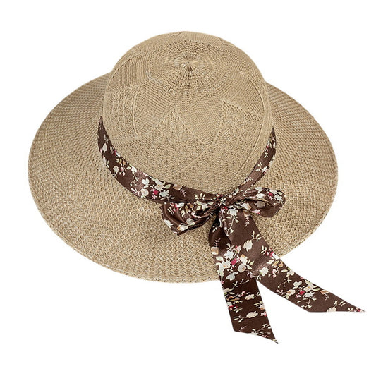 Short Brim Straw Hat | Open Weave Ribbon Tie – Beige