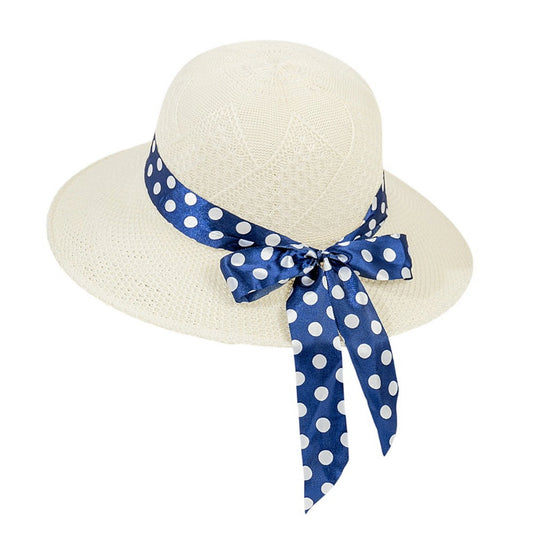 Short Brim Straw Hat | Polka Dot Ribbon Bow - Cream