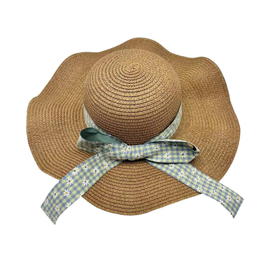 Short Brim Straw Hat | Gingham Floral Ribbon Tie - Natural