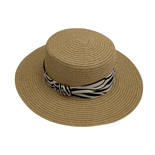 Short Brim Straw Hat | Zebra Print Ribbon Band - Natural