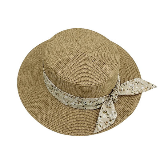 Short Brim Straw Hat | Floral Bow Detail – Khaki