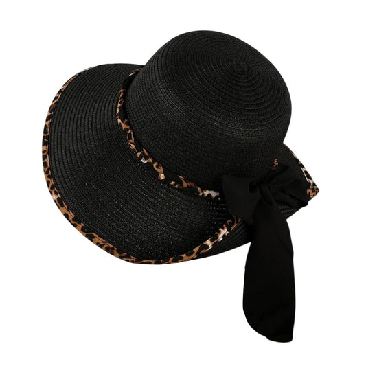 Short Brim Straw Hat | Leopard Trim Ribbon - Black