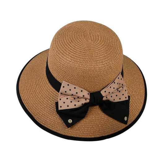 Short Brim Straw Hat | Polka Dot Bow Ribbon - Brown