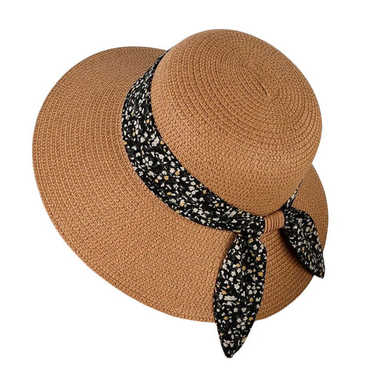 Short Brim Straw Hat | Ditsy Floral Ribbon Tie - Brown