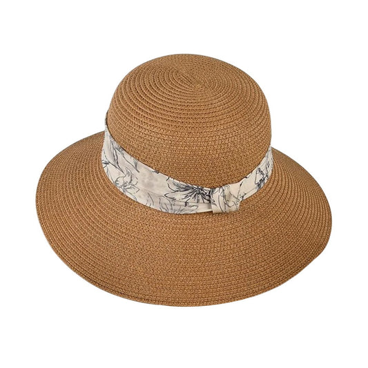 Short Brim Straw Hat | Floral Band Detail - Brown
