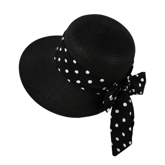 Short Brim Straw Hat | Polka Dot Ribbon Bow - Black