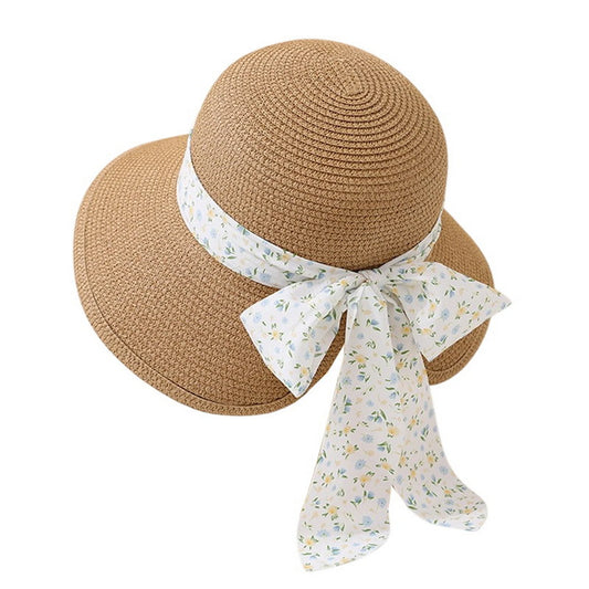 Short Brim Straw Hat | Floral Ribbon Bow - Natural