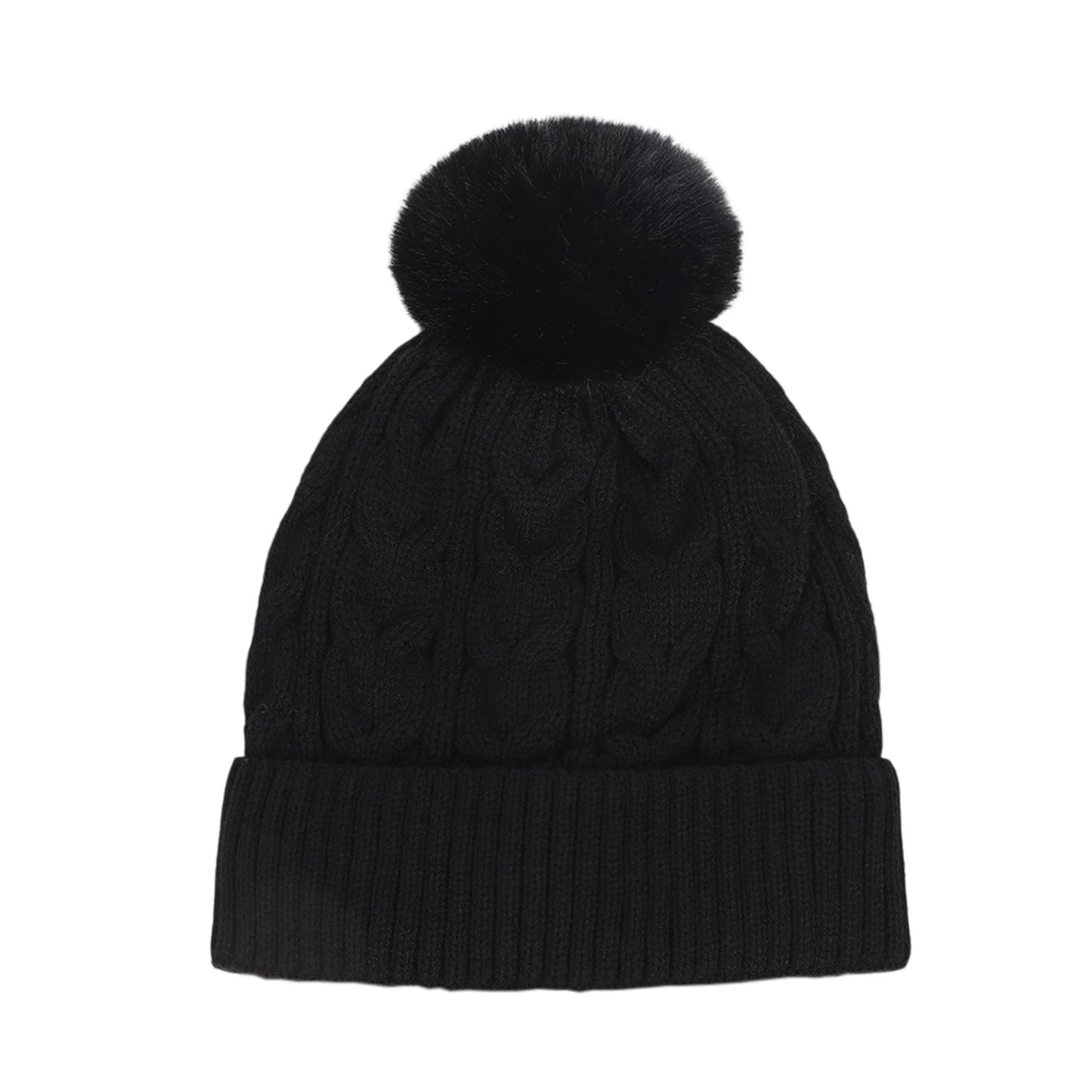 Bobble Hat | Cable Knit Faux Fur Pom Design – Black