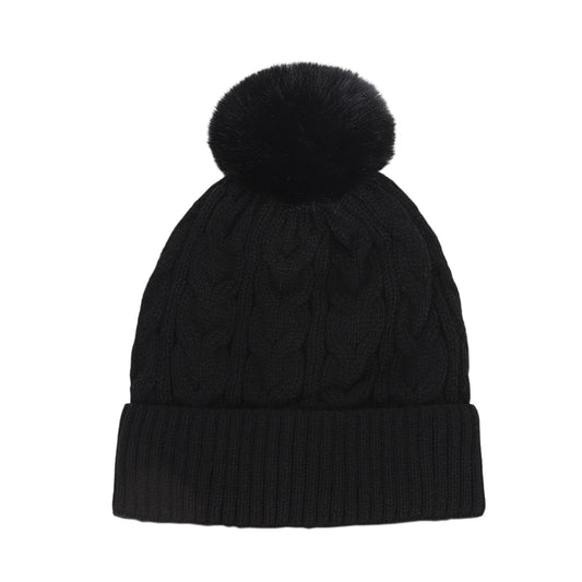 Bobble Hat | Cable Knit Faux Fur Pom Design – Black