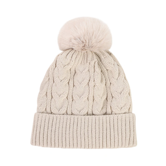 Bobble Hat | Cable Knit Faux Fur Pom Design – Beige