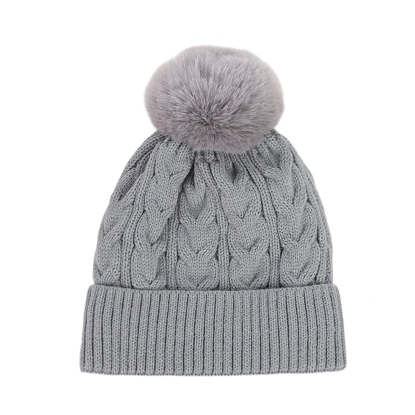 Bobble Hat | Cable Knit Faux Fur Pom Design – Grey
