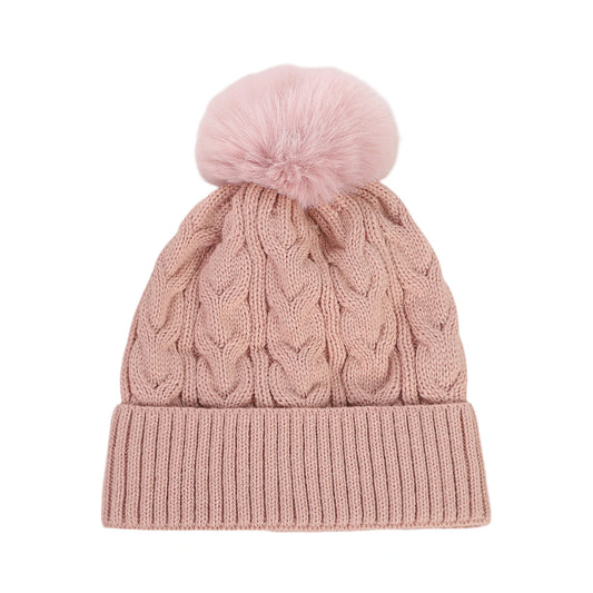 Bobble Hat | Cable Knit Faux Fur Pom Design – Pink