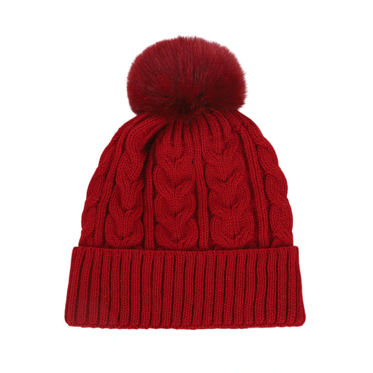 Bobble Hat | Cable Knit Faux Fur Pom Design – Red