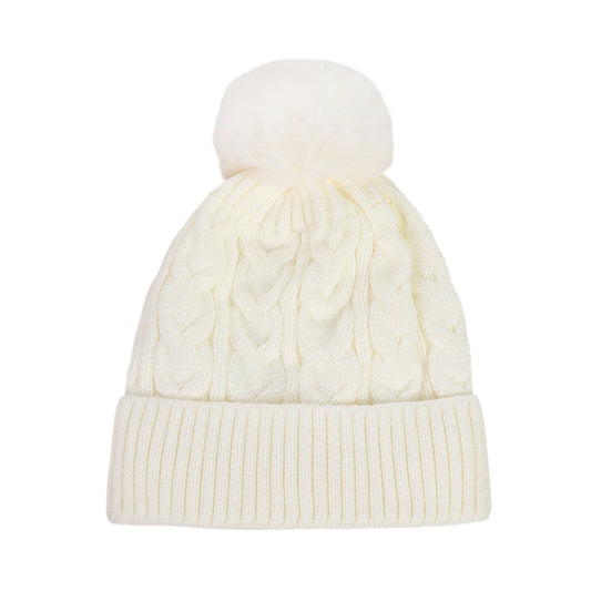 Bobble Hat | Cable Knit Faux Fur Pom Design – Cream