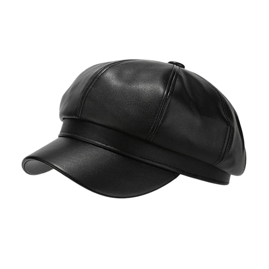 Fashion Hat | Faux Leather Baker Boy Cap – Black