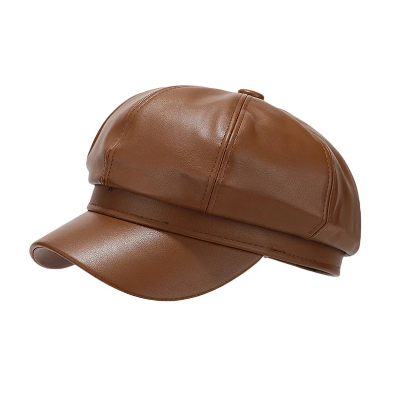 Fashion Hat | Faux Leather Baker Boy Cap – Brown