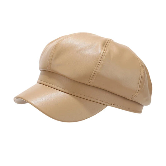 Fashion Hat | Faux Leather Baker Boy Cap – Khaki